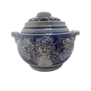Keramic Blue White Ceramic Stoneware Two Faces Good Evil Punch Bowl and 5 Cups